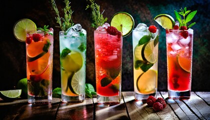 Cocktails drinks, Classic long glasses or mocktail highballs, with berries, lime, herbs and ice