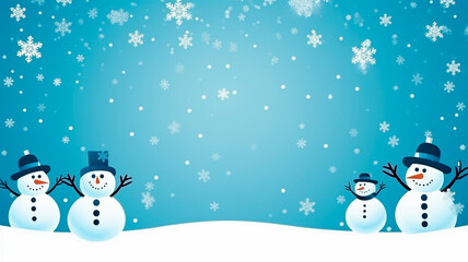 Background for postcard banner with snowman, snow, winter, season, Christmas, New Year. Empty space for text. Horizontal.