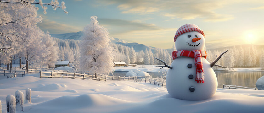 3D render of snowman with winter landscape, Generative ai