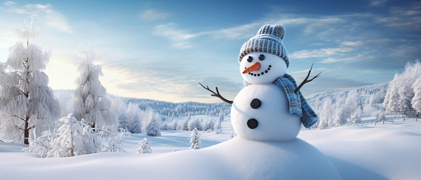 3D render of snowman with winter landscape, Generative ai