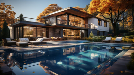 Fototapeta na wymiar modern cozy house with pool and parking for sale or rent in luxurious style beautiful. generative ai