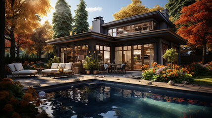 modern cozy house with pool and parking for sale or rent in luxurious style beautiful. generative ai