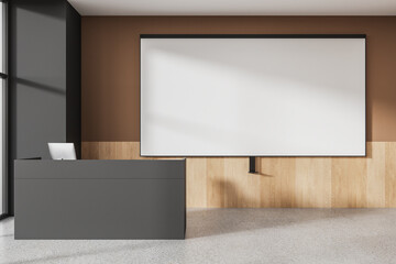 Stylish class room interior with teacher desk and mock up projection screen