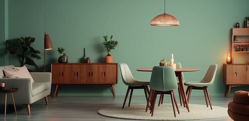 Mint color chairs at round wooden dining table in room with sofa cabinet green wall. generative ai