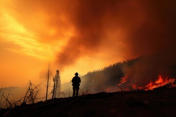 smoke field and fireman silhouette after wildfire