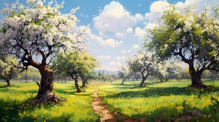 A picturesque orchard with trees heavy with blossoms, ready to bear the season's first fruits.