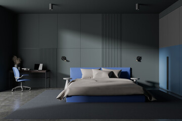 Dark home bedroom interior with bed and workspace, luxury design