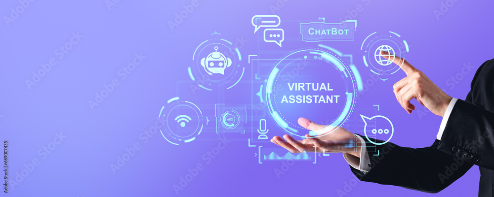 Poster man hands using ai virtual assistant interface