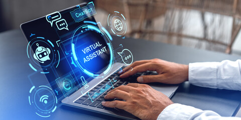 Man hands with laptop using AI virtual assistant