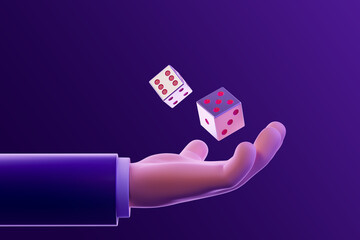 Cartoon man hand throwing two casino dice