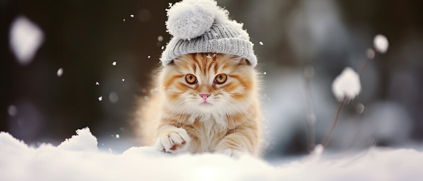 A portrait of cute cat playing in the snow wearing christmas hat, Photography, blur background, Generative ai