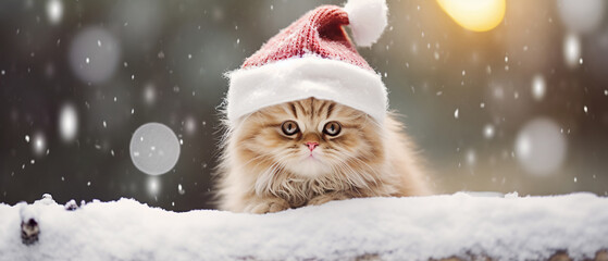 A portrait of cute cat playing in the snow wearing christmas hat, Photography, blur background, Generative ai - obrazy, fototapety, plakaty