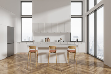 Cozy home kitchen interior with bar counter and shelves, panoramic window