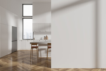 Fototapeta premium White kitchen interior with island and blank wall