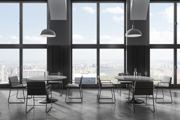Stylish grey restaurant interior with table and chairs, panoramic window