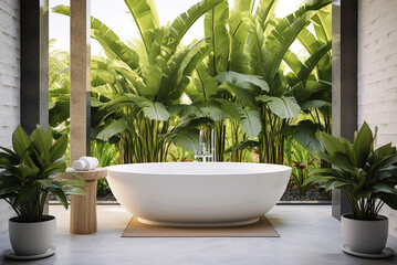 Luxury bathroom in jungle surrounding. Tropical plants interior. - obrazy, fototapety, plakaty