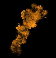 Abstract orange puffs of smoke swirl overlay on black background pollution. Royalty high-quality free stock image of abstract smoke overlays on black backgrounds. Orange smoke swirls fragments