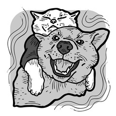 Funny lovely home animals happy playing together. For pet shop or kids room, logo design, party invitation, postcard for friend. Hand drawn illustration. Cartoon style character drawing.