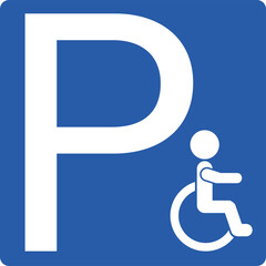 Isolated blue square sign of disable, ill, old, handicap person with pictogram man on a wheelchair, for parking area, access building, transport icon - obrazy, fototapety, plakaty