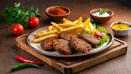Turkish Kofte - Meatballs and French fries in a plate - obrazy, fototapety, plakaty