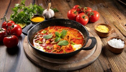 Menemen - Turkish Meal with tomato, onion, green pepper and eggs, - obrazy, fototapety, plakaty