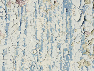 Peeling paint on the wall. Old concrete wall with cracked flaking paint. Weathered rough painted surface with patterns of cracks and peeling. Grunge texture for background and design.