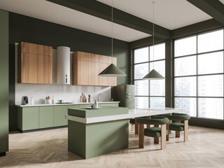 Green home kitchen interior with eating table, cooking corner and window