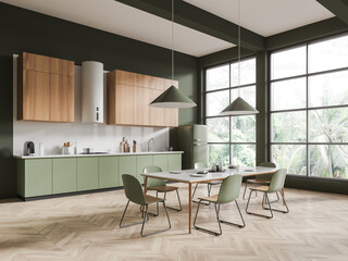Dark green and wooden kitchen corner with dining table