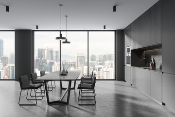 Grey home kitchen interior with eating table and shelves, panoramic window