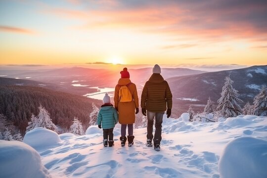 family walking in the woods in mountains in wintertime