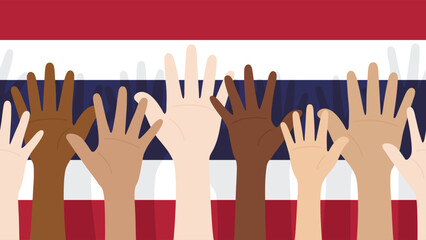 Flat vector illustration of people raising their hands on Thailand flag background. Unity concept.	