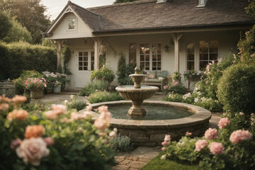 Fototapeta na wymiar A quaint cottage garden boasts a charming water feature with a vintage touch, enhancing its allure for cottage garden landscape design concepts.