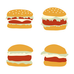 Burger Food Illustration With Beef Meat, Cheese Sheet, Lettuce, and Bread. Isolated Vector Set. 