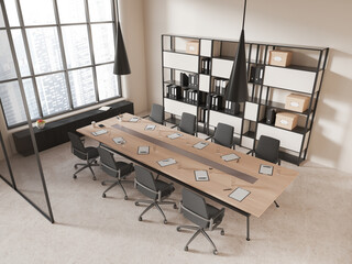 Beige office board room interior with bookcase