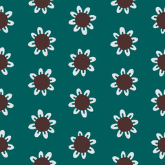 Hand drawn Daisy seamless pattern. Flower heads simple polka dots design. Cute ditsy deep green fabric texture 