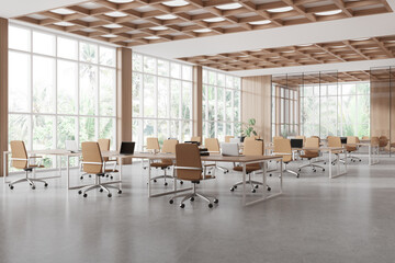 Wooden office interior with coworking space and meeting room, panoramic window