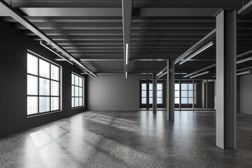 Empty gray office hall interior with columns - obrazy, fototapety, plakaty