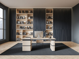 Modern office interior with work desk, pc desktop and shelf with window