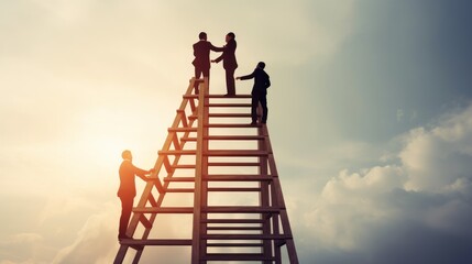 Fototapeta na wymiar Business professionals climbing a ladder together, symbolizing teamwork. AI generated