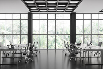 Fototapeta premium Panoramic dark wooden open space office interior