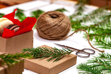 Fototapeta na wymiar Christmas tree branches gifts 