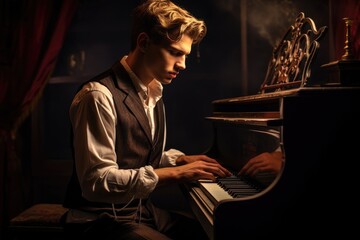 Charming young man playing the piano, deeply immersed in music.