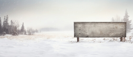 A rustic wooden sign in snowy landscape, Mock up, Generative ai
