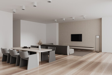 Beige home living room interior with dinner table and tv zone with sofa