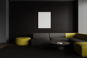 Dark home chill room interior couch and coffee table, mockup frame