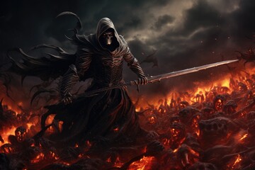 Digital art of Grim Reaper in battle - obrazy, fototapety, plakaty
