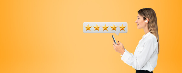 Happy woman with phone and five star rating - obrazy, fototapety, plakaty
