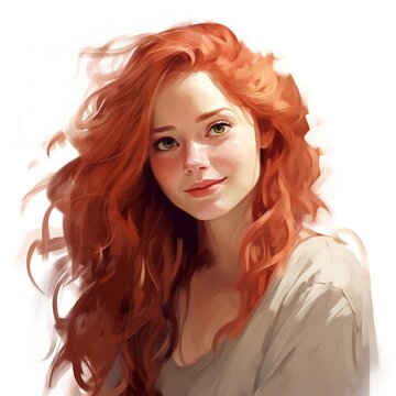 Watercolor art of beautiful woman with long red hair