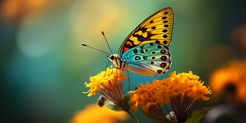 Fototapeta na wymiar Colorful butterfly is sitting on a flower, close up. Butterfly in the morning nature.