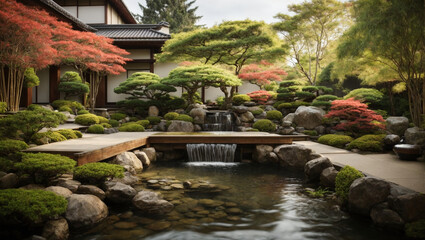 Fototapeta na wymiar A tranquil Japanese garden boasts a modern water feature, complete with a bamboo waterfall, offering an exquisite wide banner for landscaping concepts.